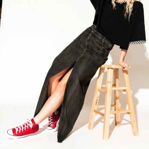 Dressed in Lala Don't Kill My Vibe Criss Cross Denim Maxi Skirt - Picture 1 of 7